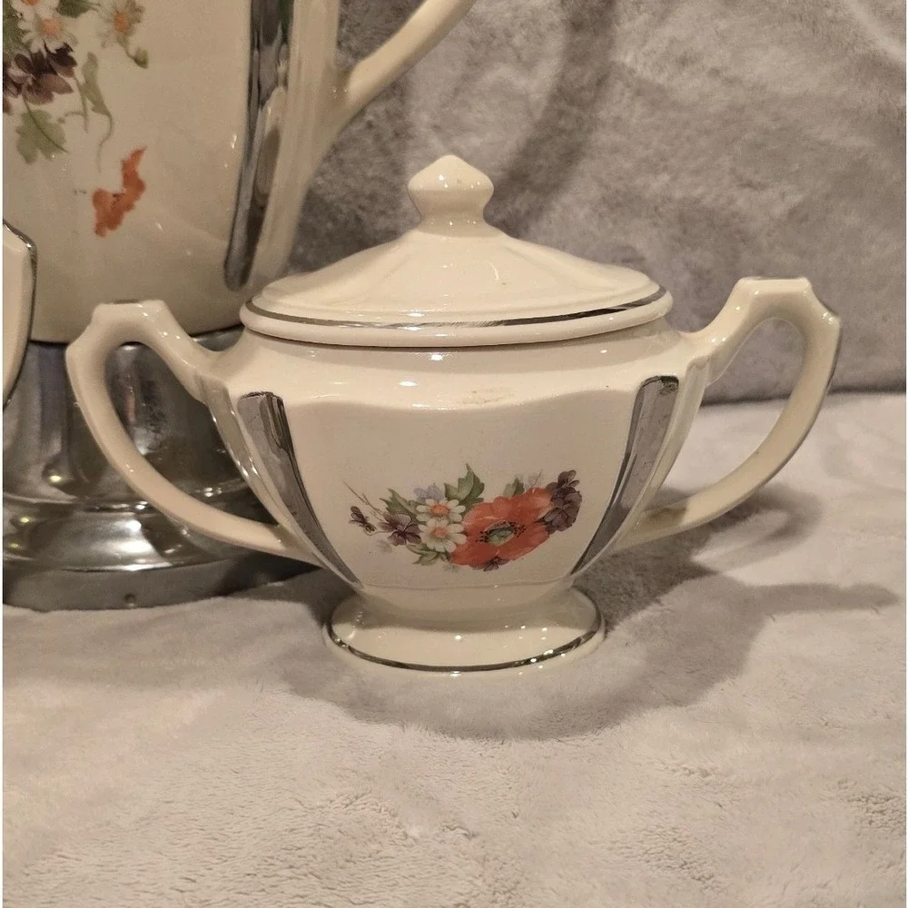 Vintage Anchor-Ware Floral Poppy Ceramic Coffee Percolator Sugar Creamer Set
